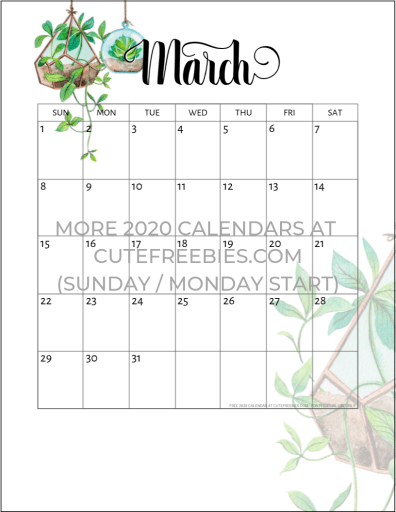 March 2020 calendar free printable with plants design