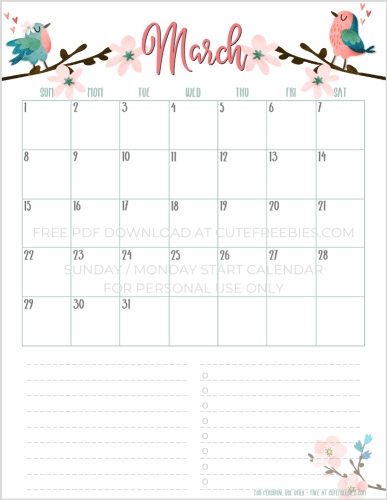 March 2020 calendar free printable with flowers