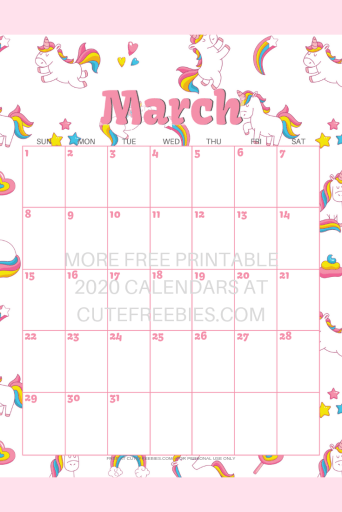 March 2020 calendar with unicorns #unicorn #freeprintable #cutefreebiesforyou