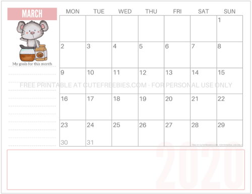 March 2020 Calendar - Year of the Rat monthly calendar - Cute 2020 coffee mouse calendar - free pdf download now! #freeprintable #cutefreebiesforyou #yearoftherat #mouse #coffeelover