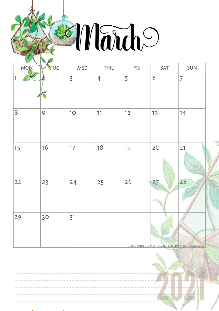 Free printable March 2021 calendar with plants - CLICK PREVIOUS POST to download the PDF