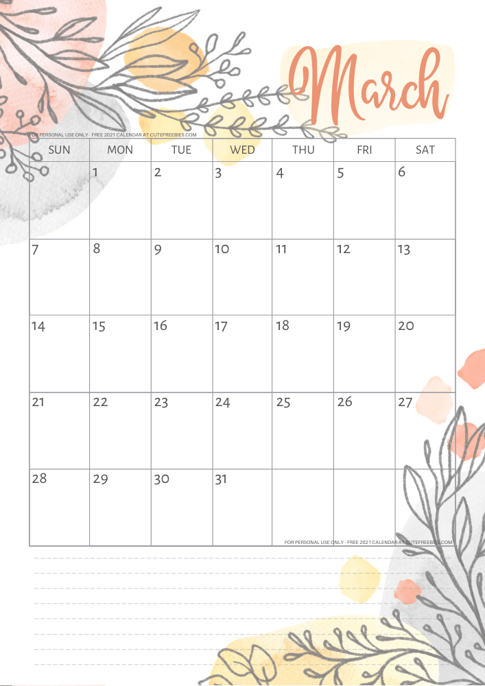 March 2021 calendar free printable monthly planner - See previous post to download the PDF file. #cutefreebiesforyou