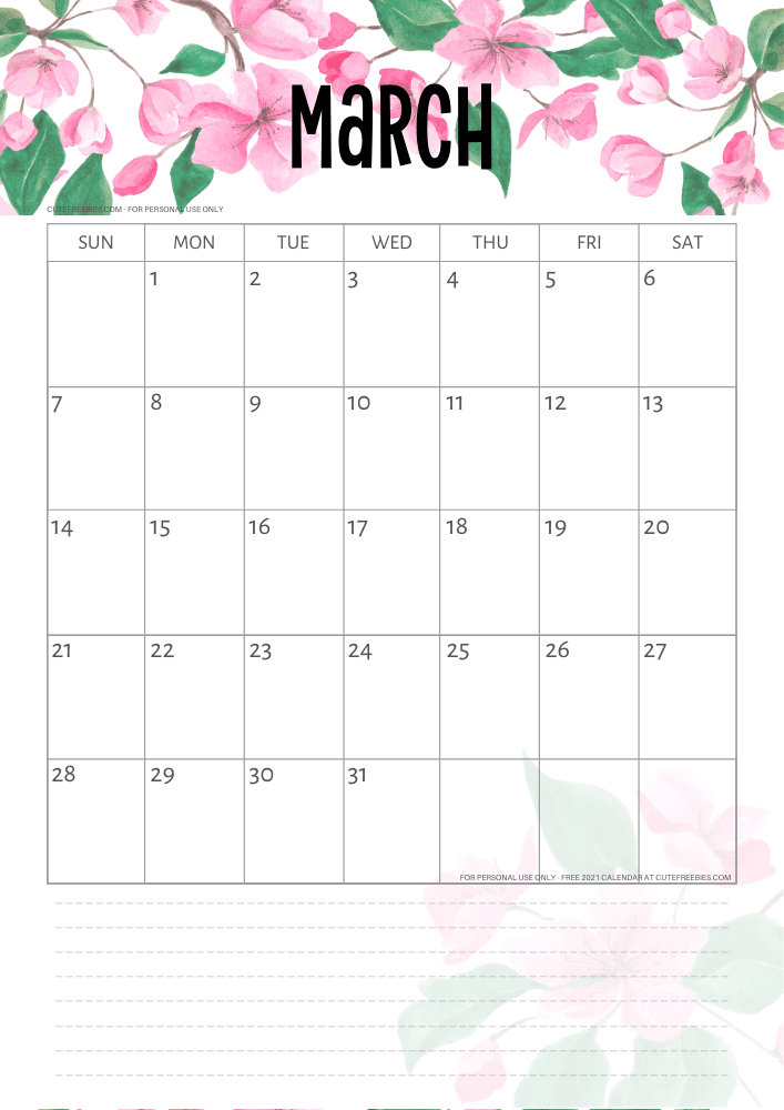 March 2021 free printable calendar with pink cherry blossoms #cutefreebiesforyou - SEE PREVIOUS POST TO DOWNLOAD THE FREE PDF FILE