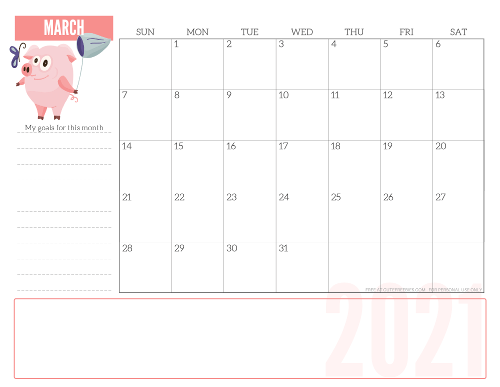 MARCH 2021 CUTE monthly planner - free printable 2021 monthly calendar pink pig #printablesandinspirations #freeprintable SEE PREVIOUS POST TO DOWNLOAD THE PDF