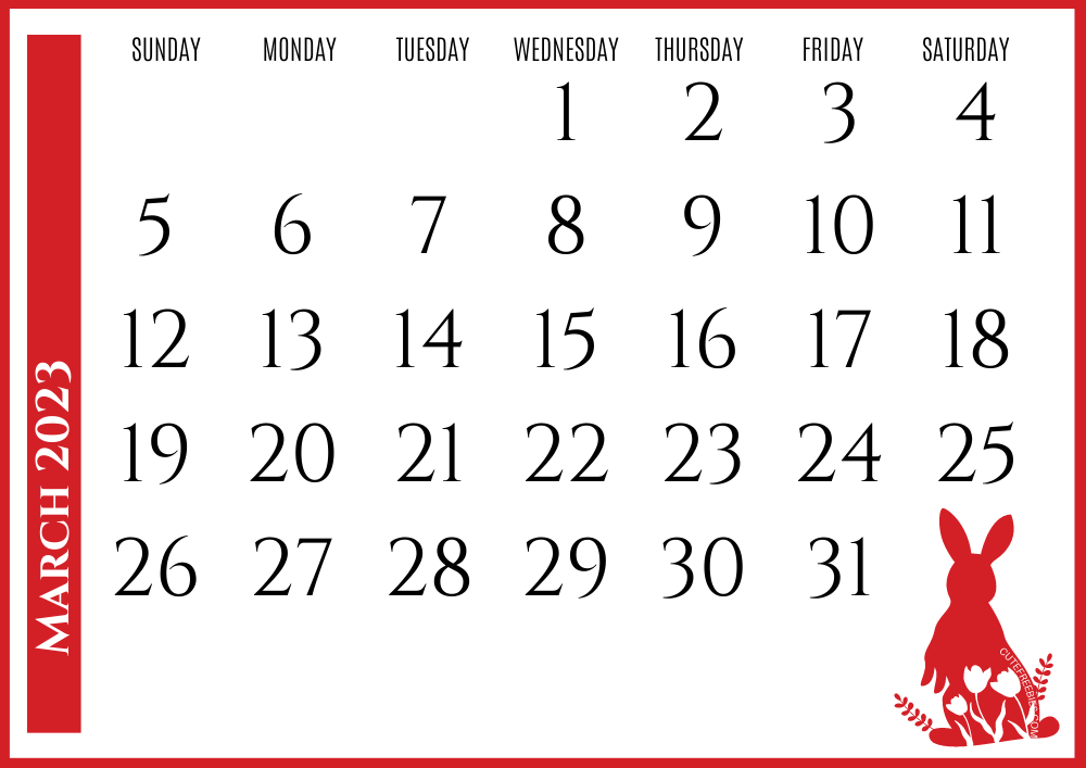 March 2023 Year of the rabbit calendar - Free printable Chinese New Year monthly calendar #cutefreebiesforyou - SEE PREVIOUS POST TO DOWNLOAD THE COMPLETE 2023 CALENDAR