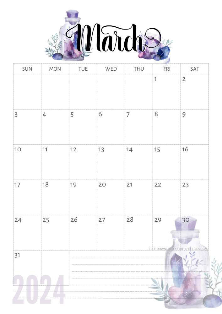 March 2024 calendar - free printable monthly calendar with purple crystals (SEE PREVIOUS POST TO DOWNLOAD THE COMPLETE 2024 CALENDAR)
