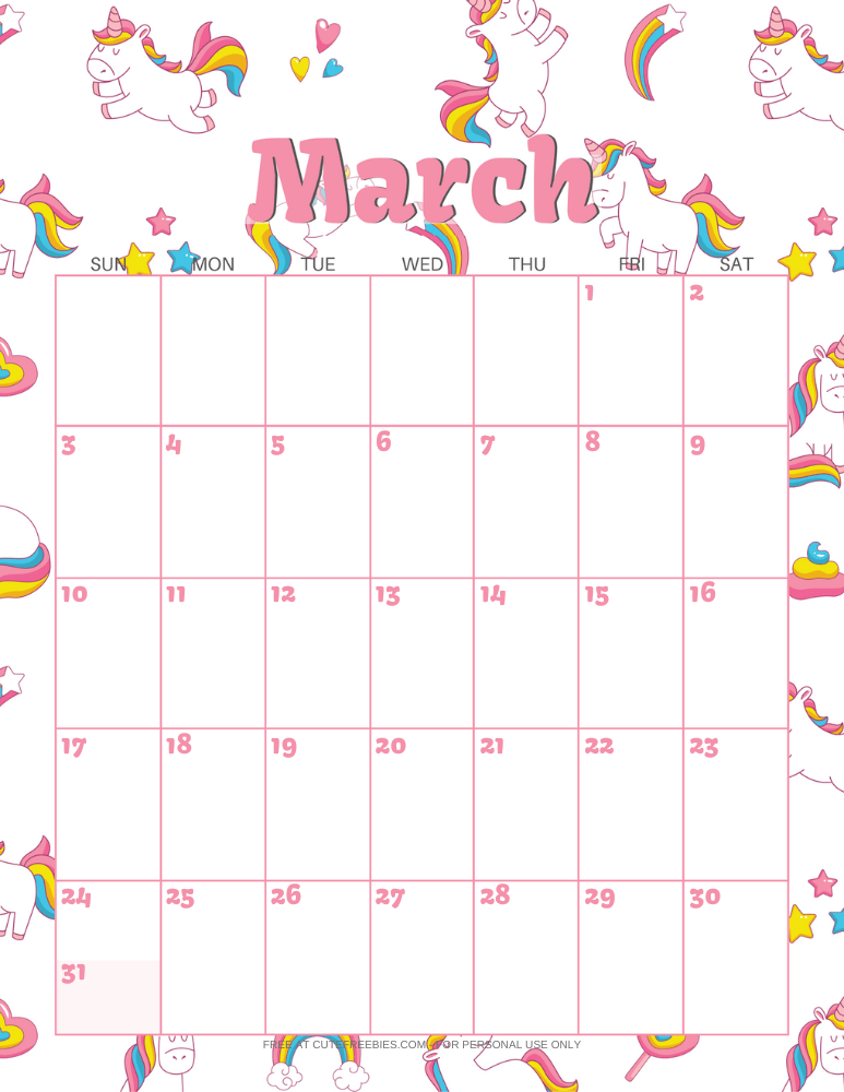 March 2024 calendar with unicorns #unicorn #freeprintable #cutefreebiesforyou