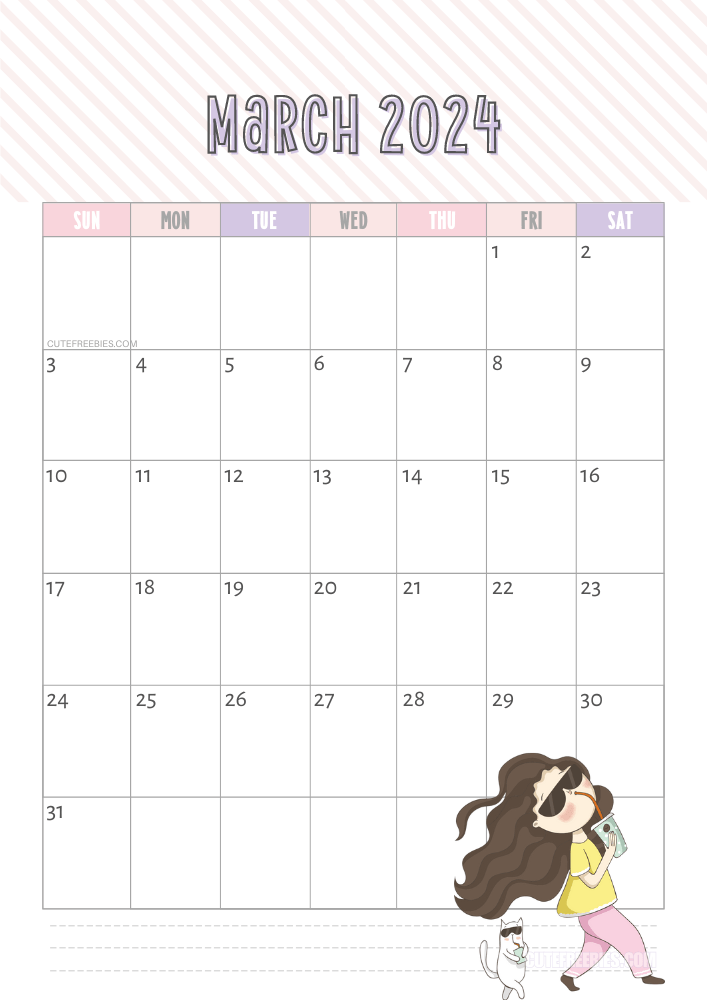 March 2024 cute cat calendar free printable #cutefreebiesforyou - SEE PREVIOUS POST TO DOWNLOAD THE COMPLETE 2024 CALENDAR