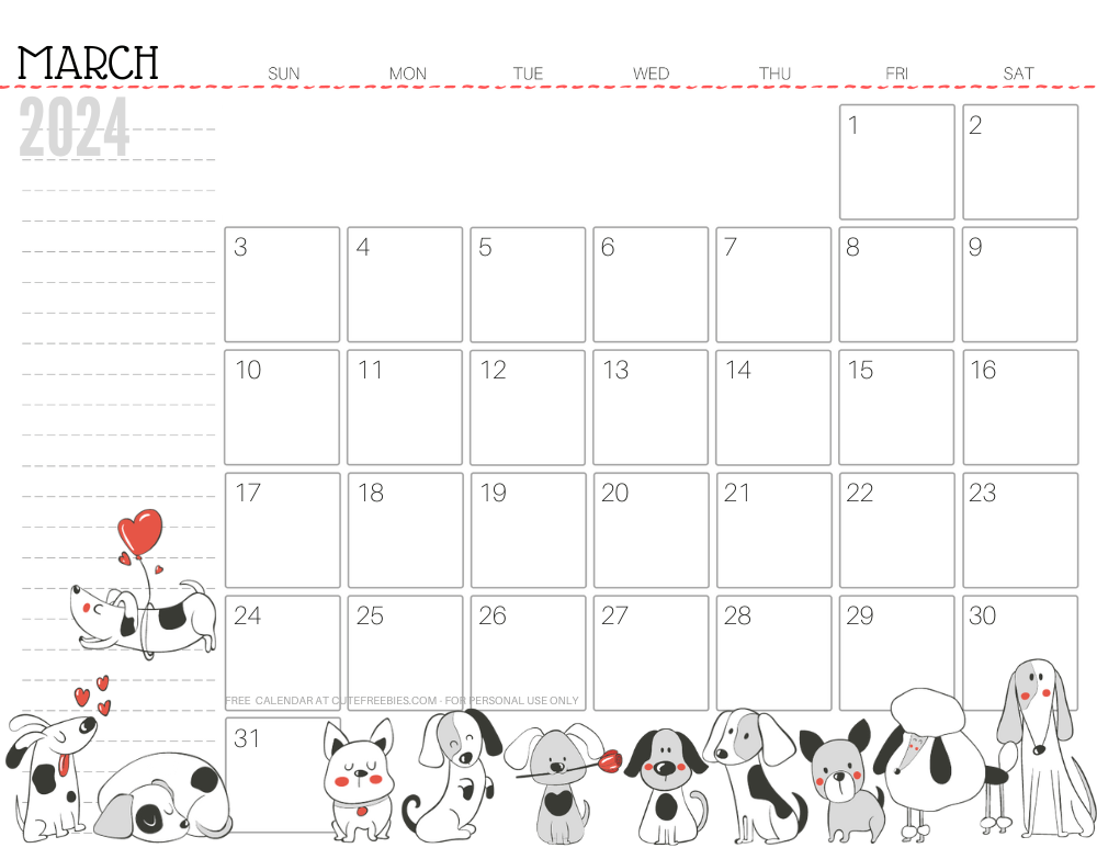 March 2024 calendar cute dog free printable #cutefreebiesforyou SEE PREVIOUS POST TO DOWNLOAD THE COMPLETE 2024 CALENDAR
