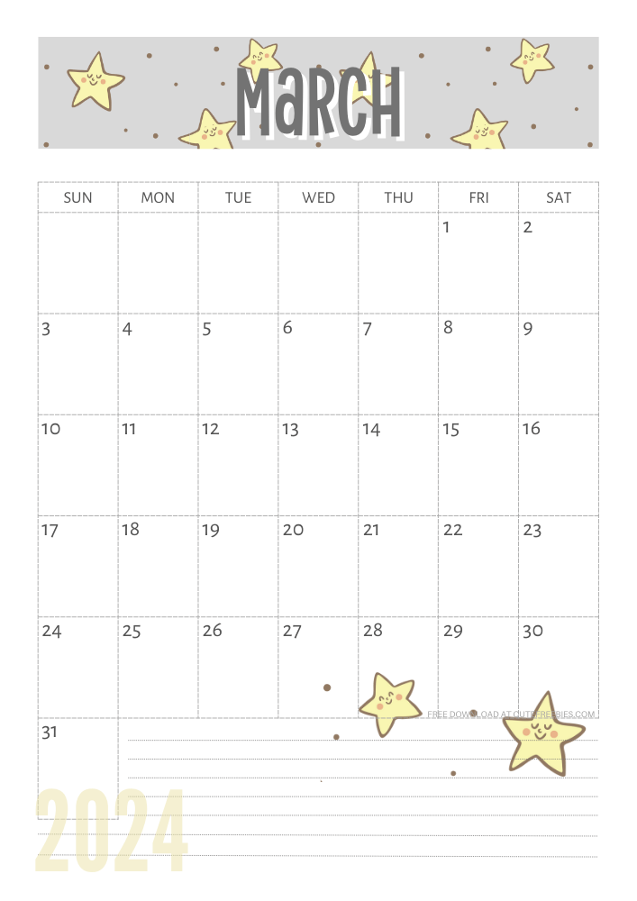 March 2024 Yellow stars calendar free printable - SEE PREVIOUS POST TO DOWNLOAD THE COMPLETE 2024 CALENDAR