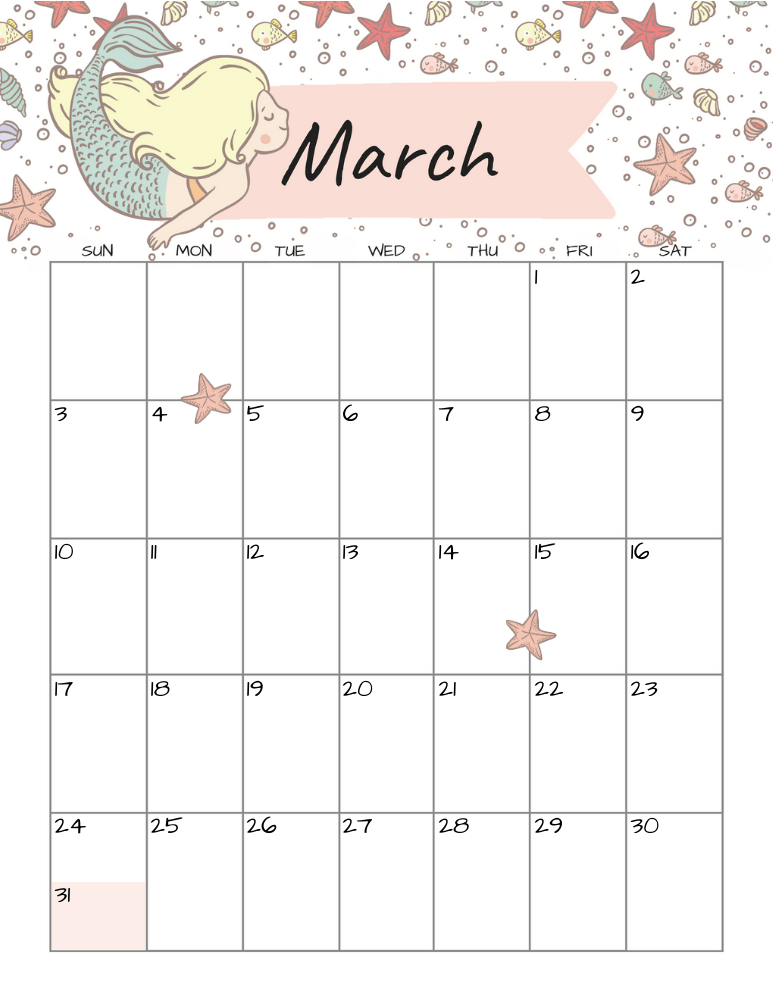 March 2024 monthly calendar with cute mermaid #cutefreebiesforyou #mermaid #freeprintable SEE PREVIOUS POST TO DOWNLOAD THE COMPLETE 2024 CALENDAR