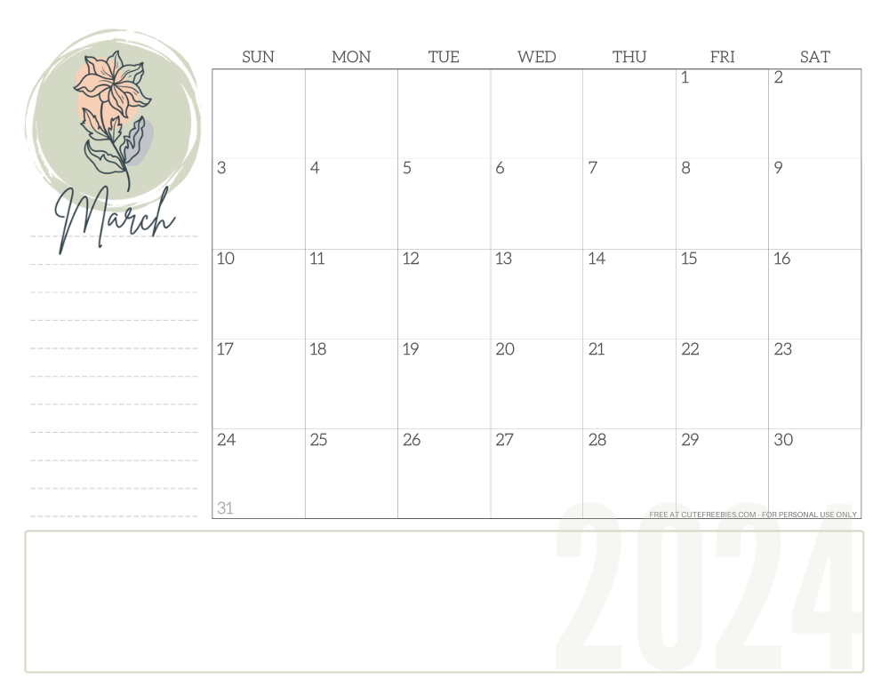 MARCH 2024 minimalist floral calendar - simple floral line design #cutefreebiesforyou #freeprintable SEE PREVIOUS POST TO DOWNLOAD THE COMPLETE 2024 CALENDAR