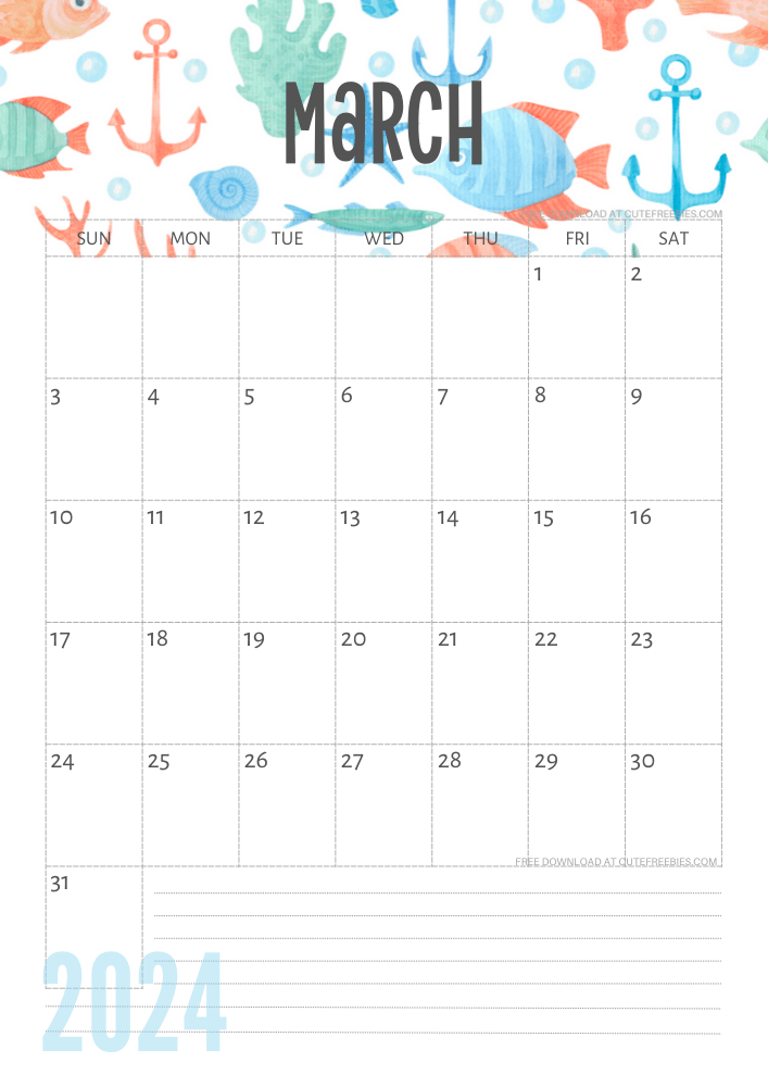 March 2024 Under the Sea themed calendar free printable - SEE PREVIOUS POST TO DOWNLOAD THE COMPLETE 2024 CALENDAR