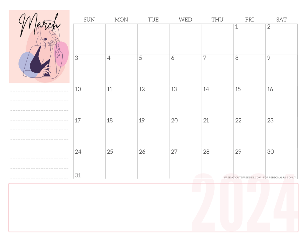 MARCH 2024 line art calendar for women - free printable monthly planner - CLICK PREVIOUS POST TO DOWNLOAD THE COMPLETE 2024 CALENDAR