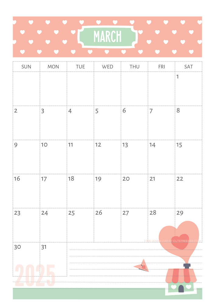 March 2025 Cute calendar free printable - SEE PREVIOUS POST TO DOWNLOAD THE COMPLETE 2025 CALENDAR