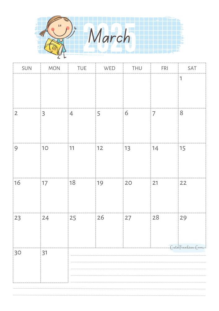 March 2025 cute calendar for kids - free printable monthly planner #cutefreebiesforyou - SEE PREVIOUS POST TO DOWNLOAD THE COMPLETE 2025 CALENDAR