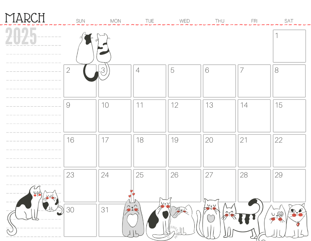 March 2025 monthly planner cat free printable #cutefreebiesforyou - SEE PREVIOUS POST TO DOWNLOAD THE COMPLETE 2025 CALENDAR