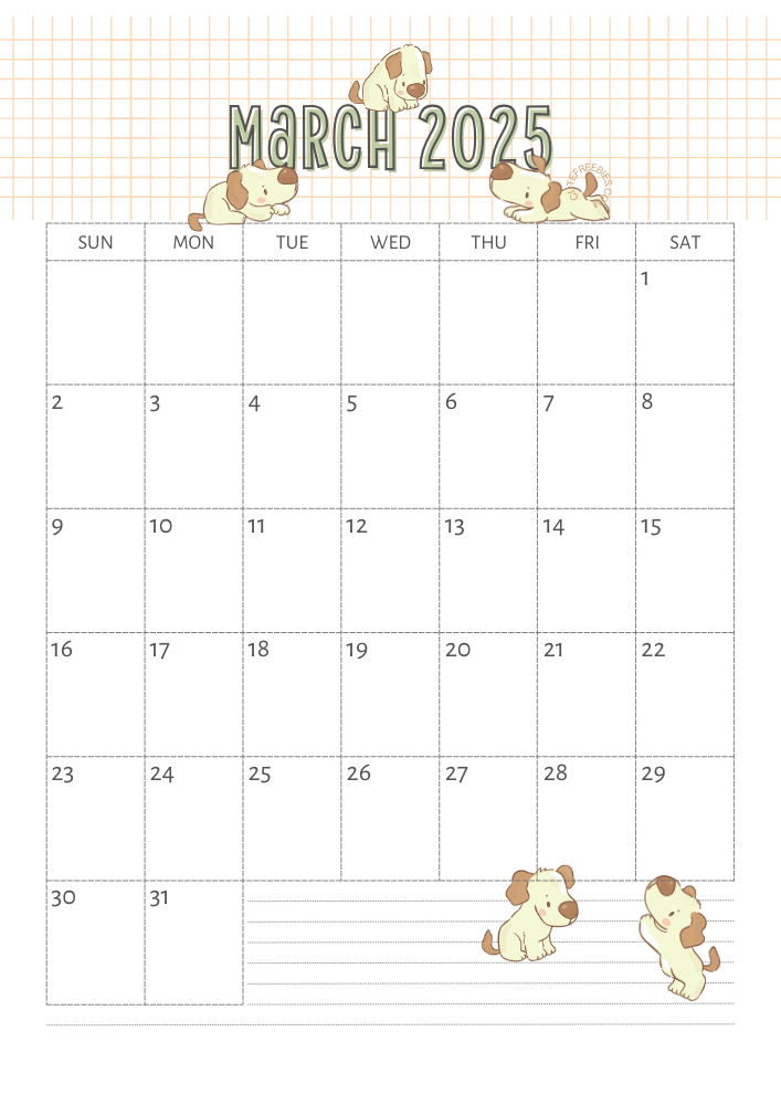 March 2025 calendar for kids cute dogs free printable #cutefreebiesforyou SEE PREVIOUS POST TO DOWNLOAD THE COMPLETE 2025 CALENDAR