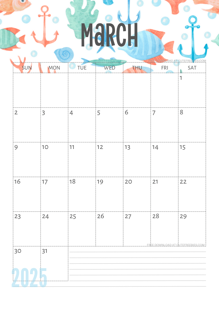 March 2025 Under the Sea themed calendar free printable - SEE PREVIOUS POST TO DOWNLOAD THE COMPLETE 2025 CALENDAR