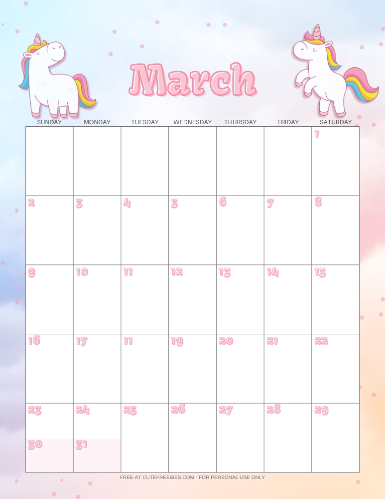 March 2025 calendar with unicorns #unicorn #freeprintable #cutefreebiesforyou #2025