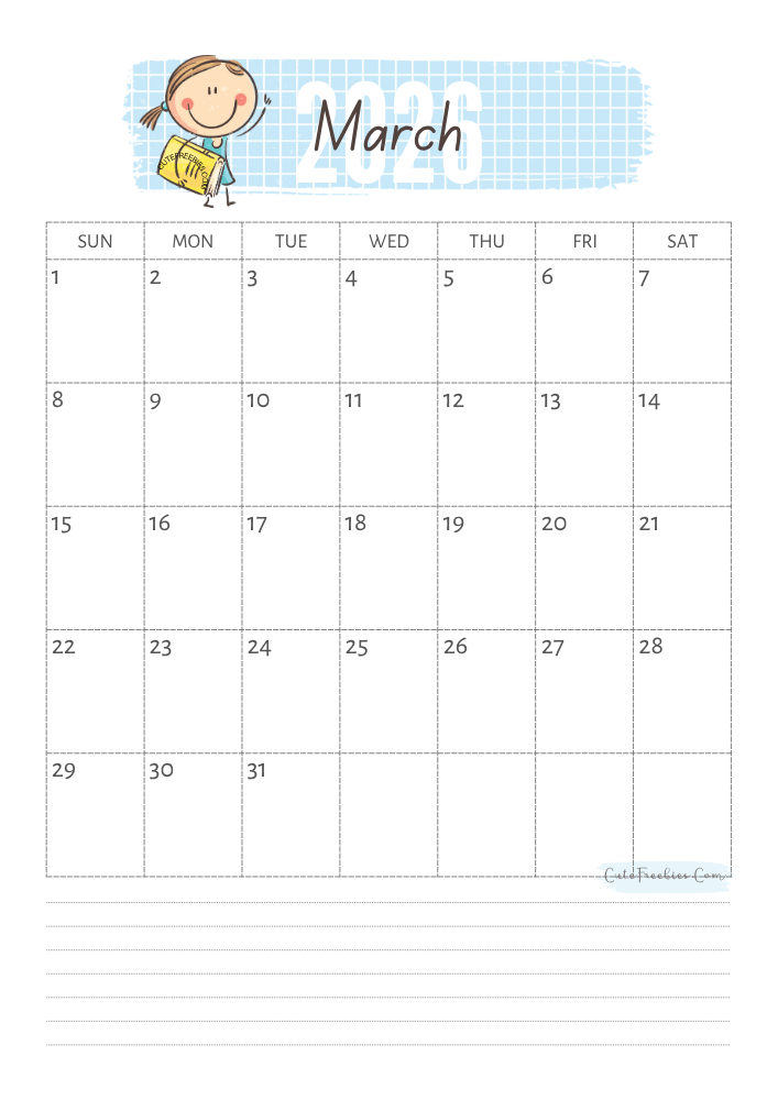 March 2026 cute calendar for kids - free printable monthly planner #cutefreebiesforyou - SEE PREVIOUS POST TO DOWNLOAD THE COMPLETE 2026 CALENDAR