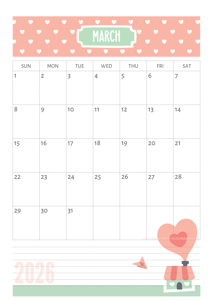 March 2026 Cute calendar free printable - SEE PREVIOUS POST TO DOWNLOAD THE COMPLETE 2026 CALENDAR