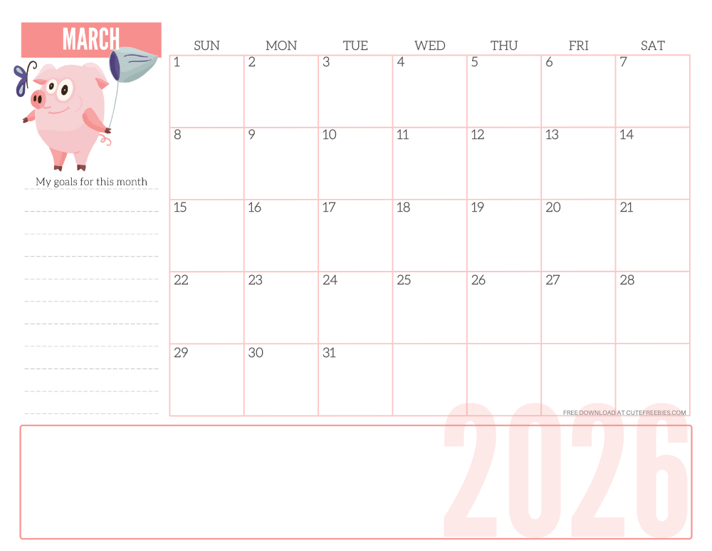 March 2026 CUTE monthly planner - free printable 2026 monthly calendar pink pig #printablesandinspirations #freeprintable SEE PREVIOUS POST TO DOWNLOAD THE COMPLETE 2026 CALENDAR