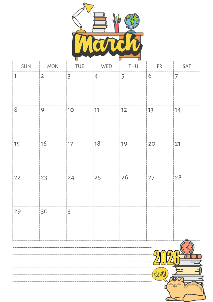 March 2026 calendar, free printable school calendar for 2026 - SEE PREVIOUS POST TO GET THE COMPLETE 2026 MONTHLY CALENDAR PDF