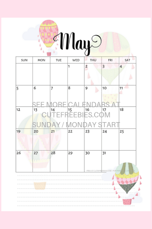 Free Printable May 2019 Calendar -Bullet Journal Themes! May monthly planner with hot air balloons, bicycles, ice cream, cats and sea themes. #freeprintable #bulletjournal #bujomonthly #cutefreebiesforyou