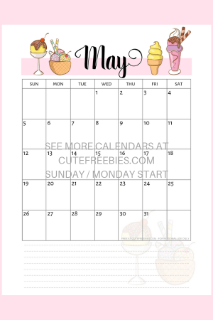 Free May 2019 Calendar Printable -Bullet Journal Themes! May monthly planner with hot air balloons, bicycles, ice cream, cats and sea themes. #freeprintable #bulletjournal #bujomonthly #cutefreebiesforyou
