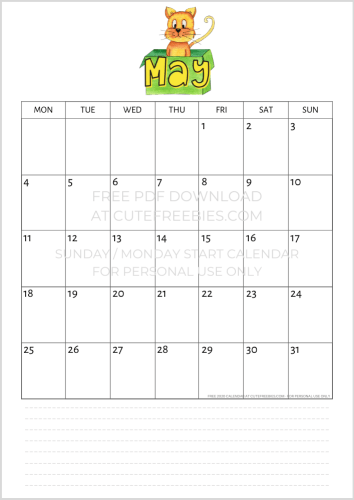 May 2020 calendar printable PDF