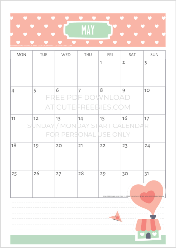 May 2020 calendar printable PDF