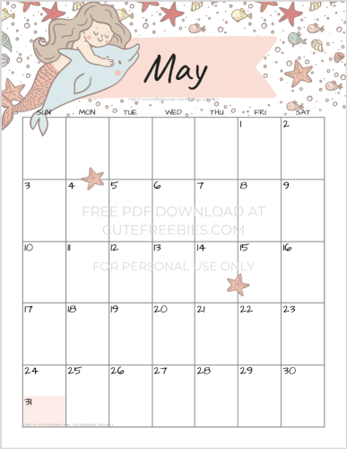 May 2020 calendar with mermaid printable PDF