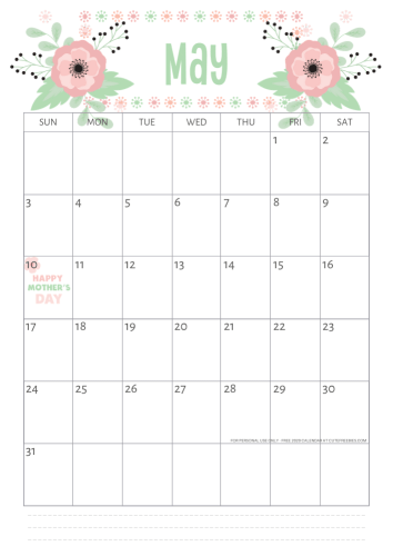 May 2020 calendar printable - Mother's Day theme.