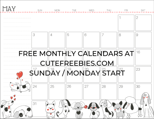 May 2020 Calendar Planner - Free Printable #cutefreebiesforyou #cutedogs #freeprintable