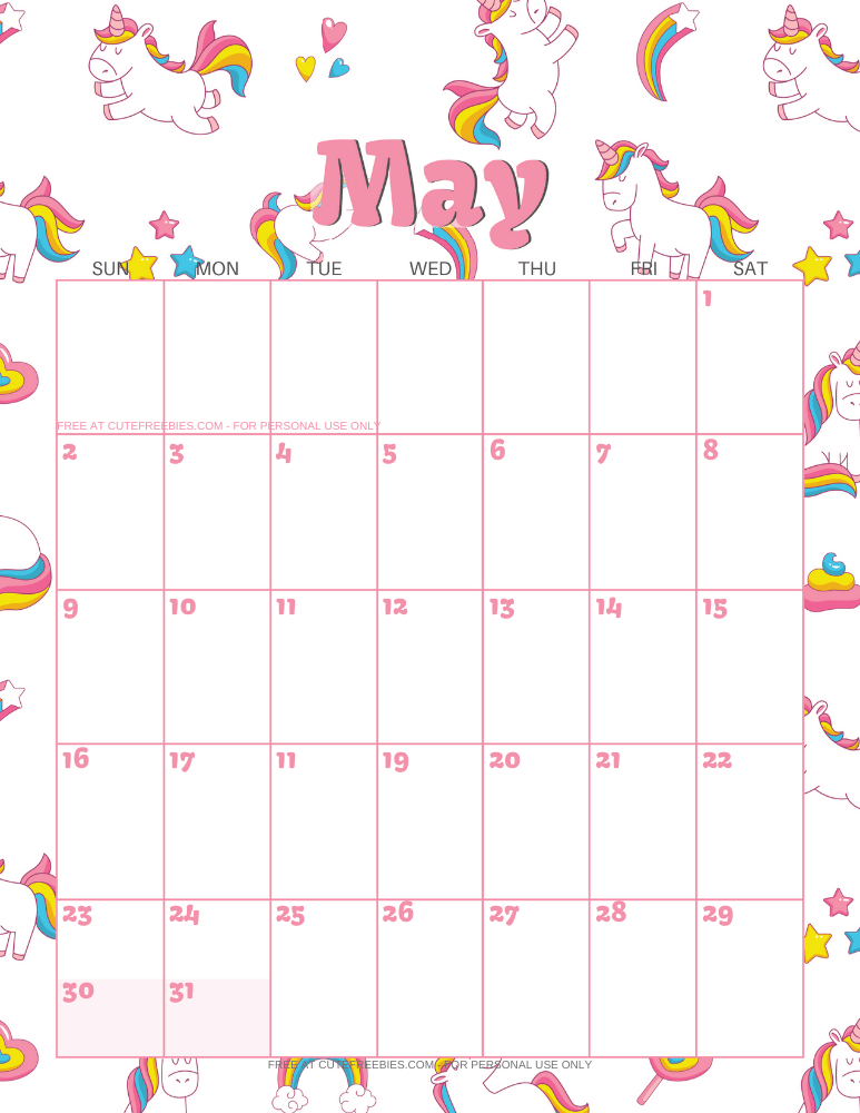May 2021 calendar with unicorns #unicorn #freeprintable #cutefreebiesforyou