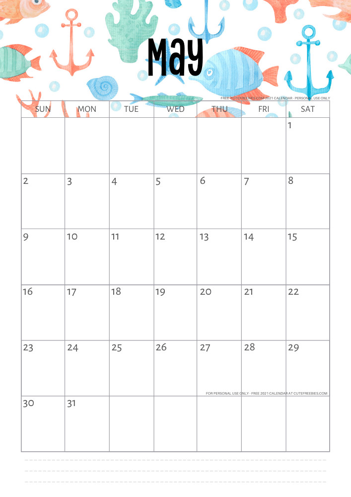 May 2021 Monthly calendar - sea themed #cutefreebiesforyou #freeprintable