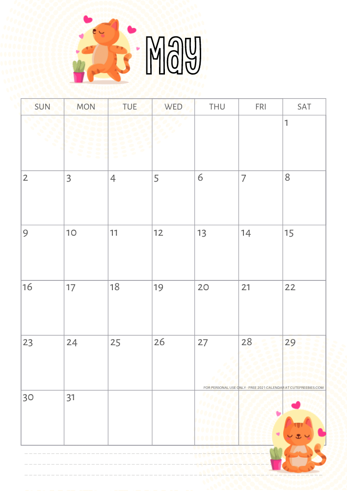 May 2021 calendar yoga cat free printable #cutefreebiesforyou - SEE PREVIOUS POST TO DOWNLOAD THE FREE PDF FILE