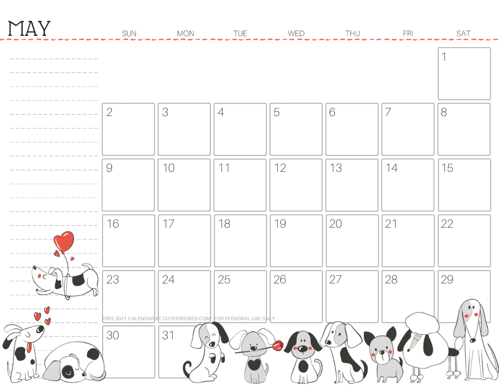 May 2021 calendar cute dog free printable #cutefreebiesforyou SEE PREVIOUS POST TO DOWNLOAD THE FREE PDF FILE