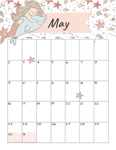 May 2021 calendar with cute mermaid #cutefreebiesforyou #mermaid #freeprintable