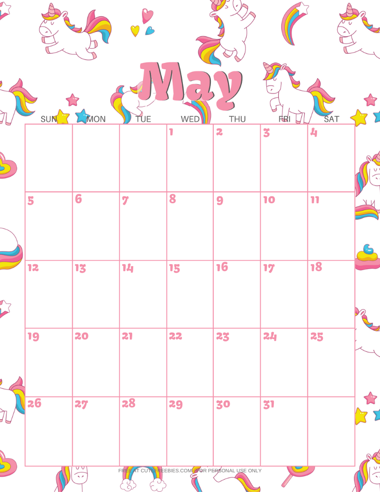 May 2024 calendar with unicorns #unicorn #freeprintable #cutefreebiesforyou