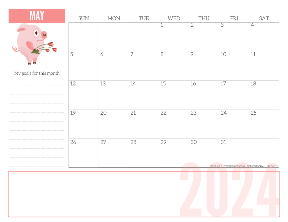 MAY 2024 CUTE monthly planner - free printable 2024 monthly calendar pink pig #printablesandinspirations #freeprintable SEE PREVIOUS POST TO DOWNLOAD THE COMPLETE 2024 CALENDAR