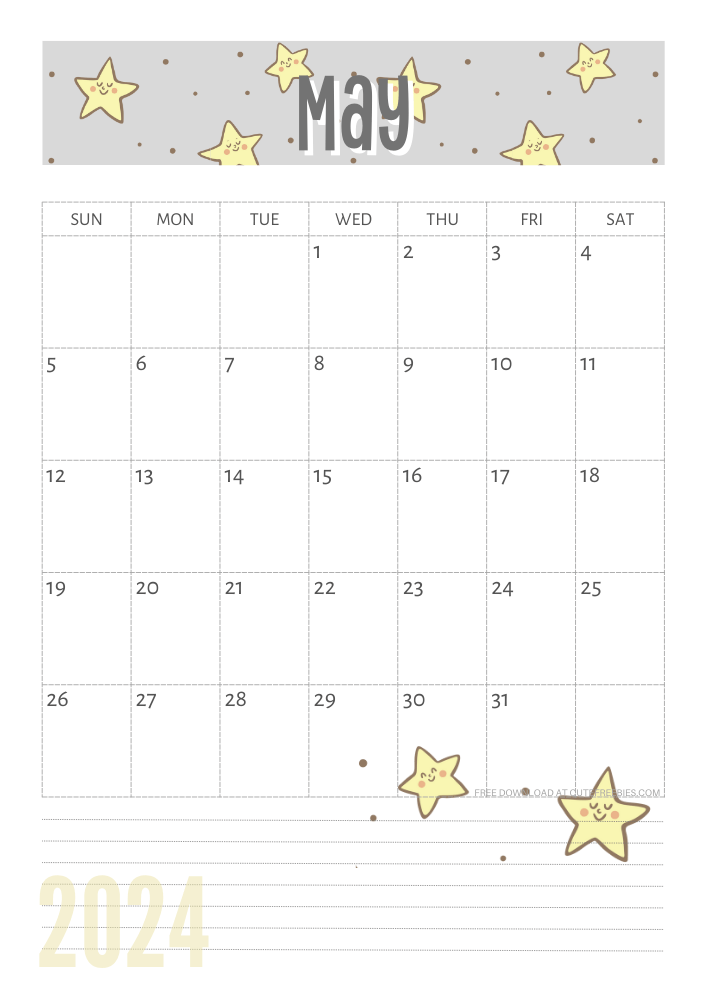 May 2024 Yellow stars calendar free printable - SEE PREVIOUS POST TO DOWNLOAD THE COMPLETE 2024 CALENDAR