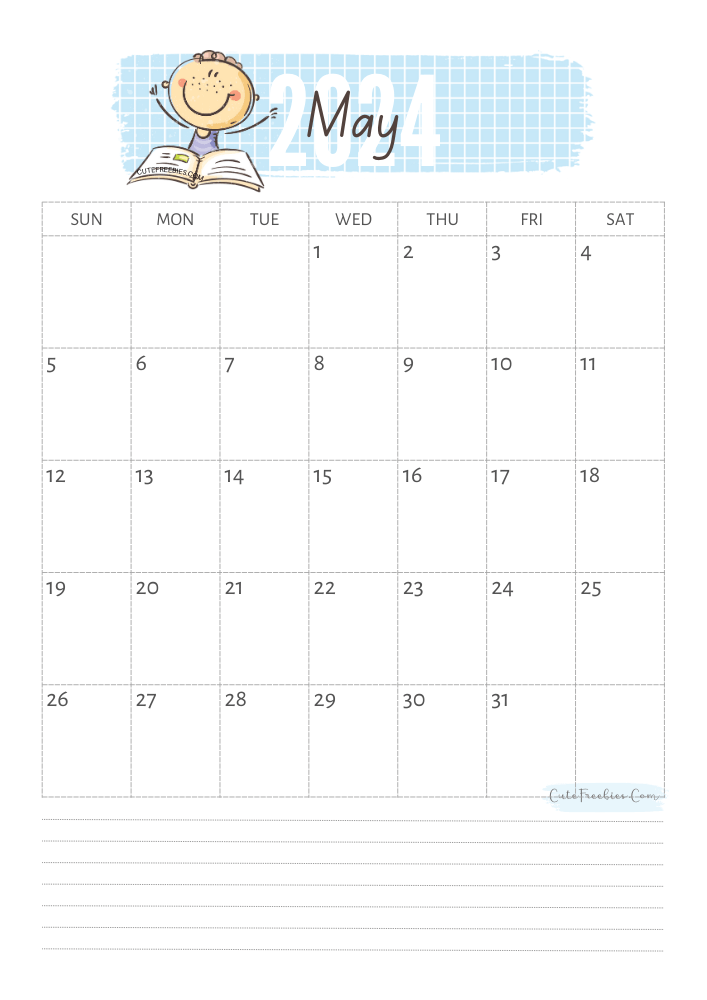 May 2024 cute calendar for kids - free printable monthly planner #cutefreebiesforyou - SEE PREVIOUS POST TO DOWNLOAD THE COMPLETE 2024 CALENDAR