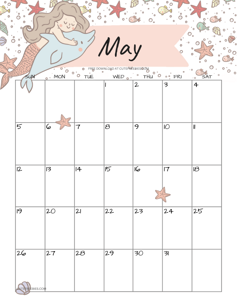 May 2024 monthly calendar with cute mermaid #cutefreebiesforyou #mermaid #freeprintable SEE PREVIOUS POST TO DOWNLOAD THE COMPLETE 2024 CALENDAR