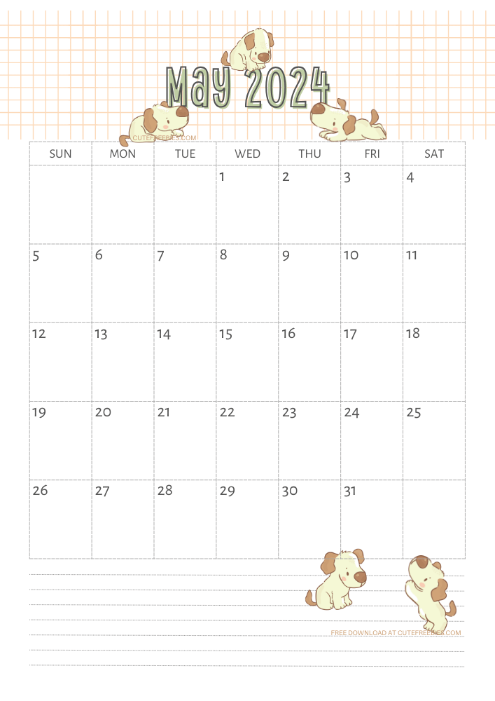 May 2024 calendar for kids cute dogs free printable #cutefreebiesforyou SEE PREVIOUS POST TO DOWNLOAD THE COMPLETE 2024 CALENDAR