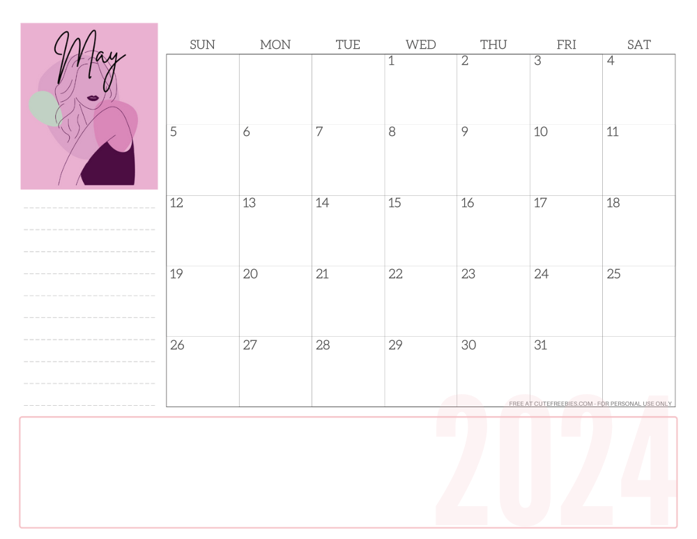 MAY 2024 line art calendar for women - free printable monthly planner - CLICK PREVIOUS POST TO DOWNLOAD THE COMPLETE 2024 CALENDAR