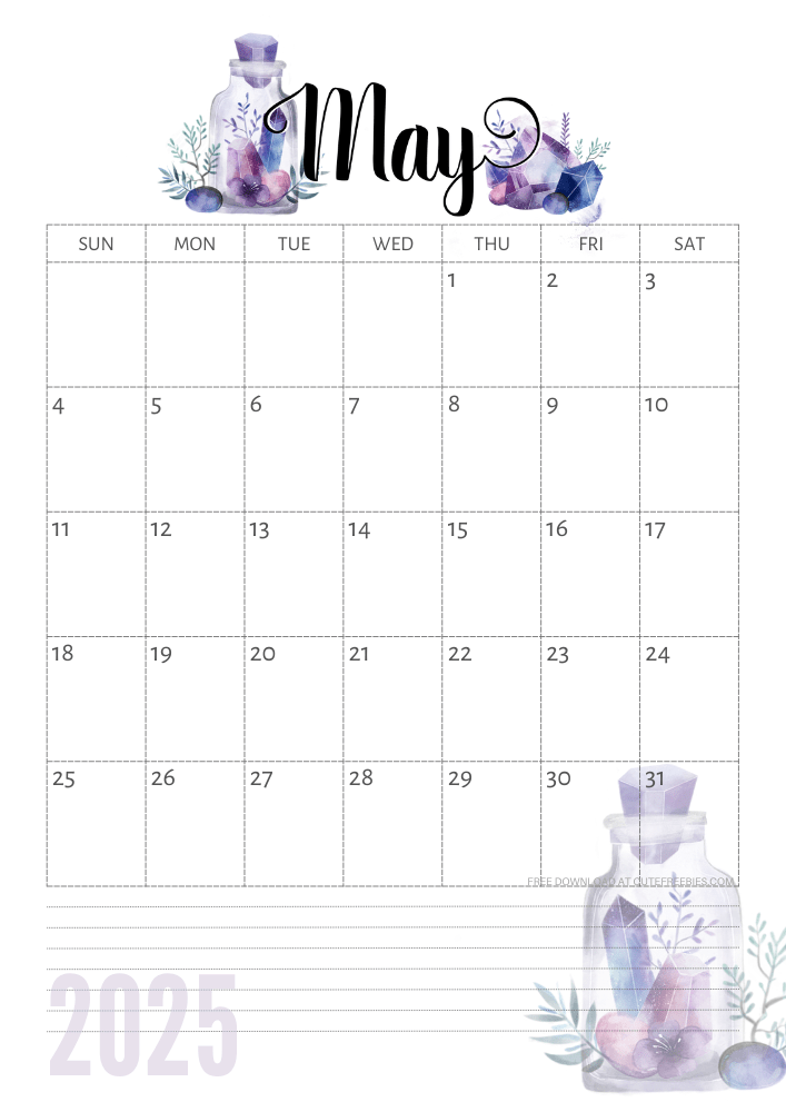 May 2025 calendar - free printable monthly calendar with purple crystals (SEE PREVIOUS POST TO DOWNLOAD THE COMPLETE 2025 CALENDAR)