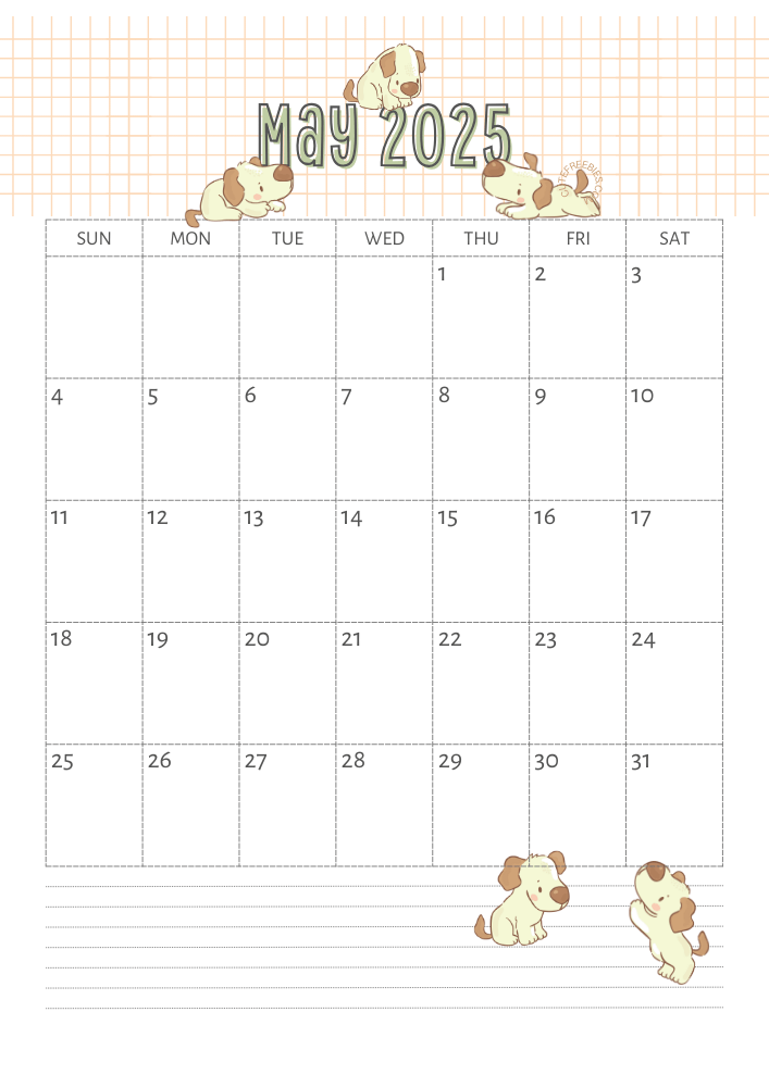 May 2025 calendar for kids cute dogs free printable #cutefreebiesforyou SEE PREVIOUS POST TO DOWNLOAD THE COMPLETE 2025 CALENDAR