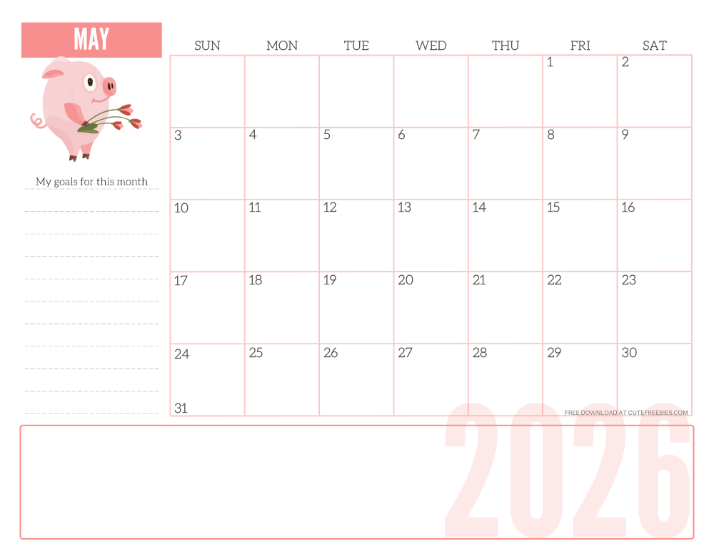 May 2026 CUTE monthly planner - free printable 2026 monthly calendar pink pig #printablesandinspirations #freeprintable SEE PREVIOUS POST TO DOWNLOAD THE COMPLETE 2026 CALENDAR